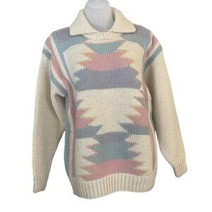 Vintage Collared Knit Sweater Medium Southwest Aztec Pastel‎ Y2K Grandmacore